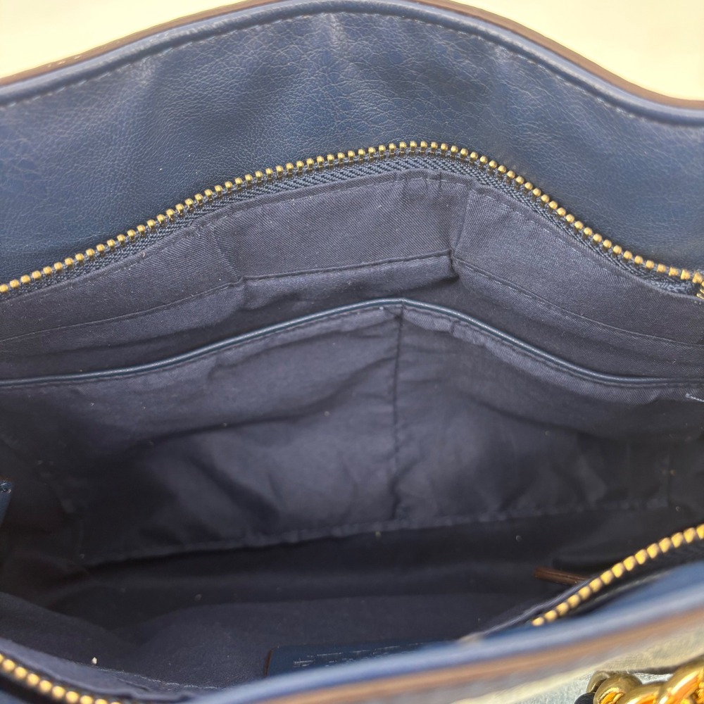 Charming Charlie Navy Blue Faux Leather and Denim Satchel Crossbody Bag Gold - Picture 9 of 12